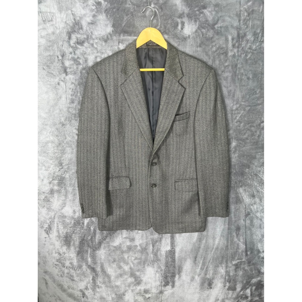 Vintage Herringbone Wool Blazer Grey Black Two Button Sport Coat Made in Africa